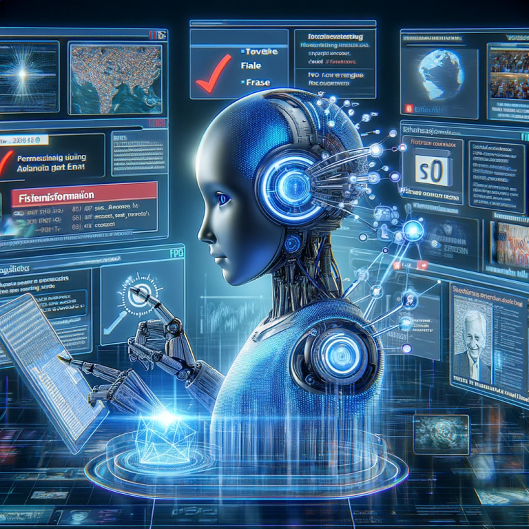 illustrate the concept of OpenAI's efforts in combating disinformation during elections. The scene depicts a futuristic AI, surrounded by digital screens that analyze and filter information, with elements related to elections subtly included in the background. This represents the AI's role in ensuring the integrity of information in critical democratic processes.