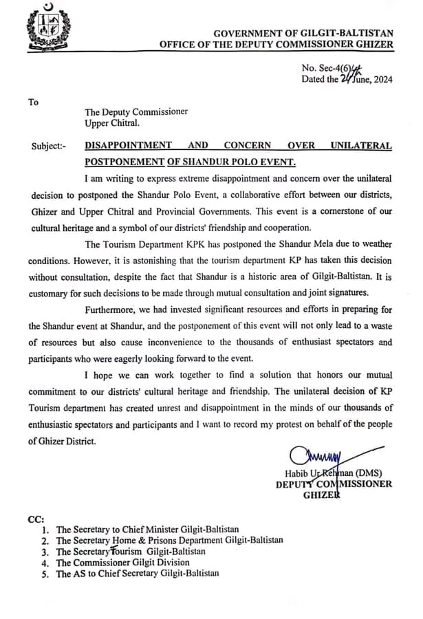 The official letter from Government of Gilgit Baltistan to the Government of Upper Chitral - KP, conveying message of disappointment in unilateral decision of the postponement of World's highest polo festival.