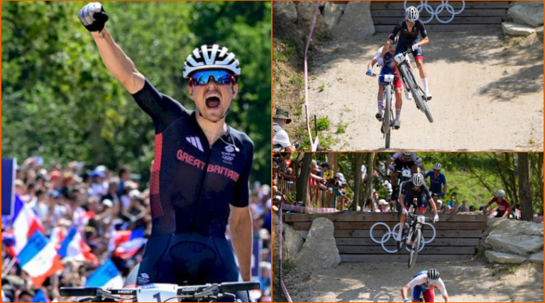 Britain's Tom Pidcock makes winning pass on final lap to defend his Olympic mountain bike title