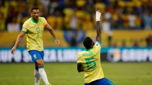 Brazil's Gerson Celebrates scoring their first goal