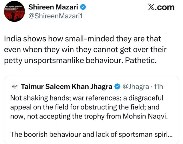 A screengrab of Shireen Mazari X post