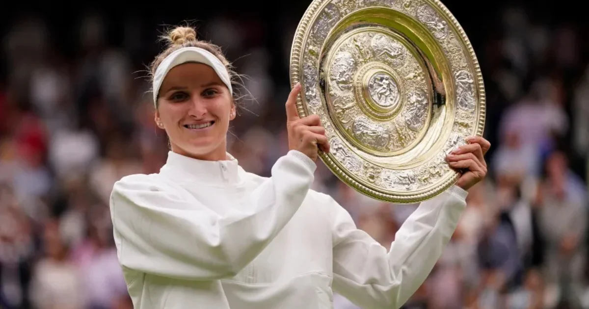 Czech Republic’s Marketa Vondrousova celebrates with the trophy after beating Tunisia’s Ons Jabeur to win the final of the women’s singles on day thirteen of the Wimbledon tennis championships in London, Saturday, July 15, 2023. (AP Photo/Alberto Pezzali, file)