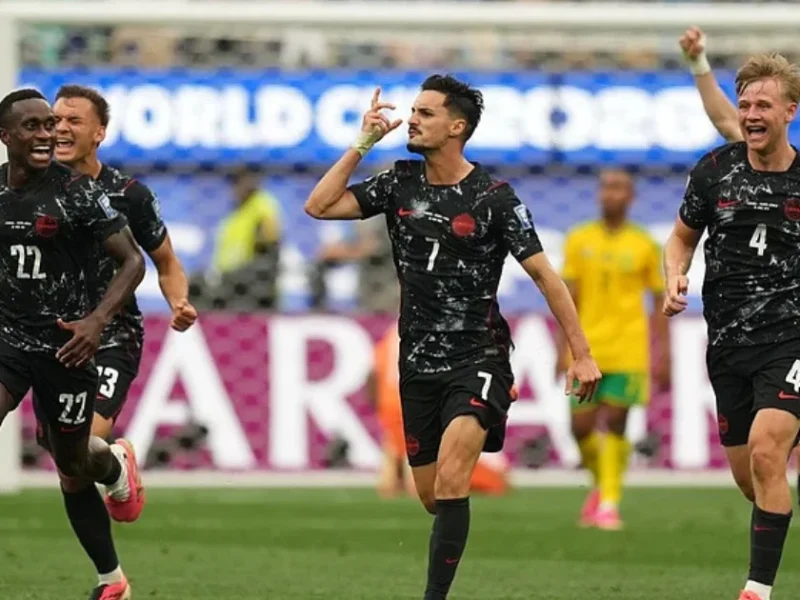 Canada's Stephen Eustaquio (7) celebrates scoring their opening goal against South Africa during the World Cup round of 32 soccer match in Inglewood. Andre Penner/AP Photo