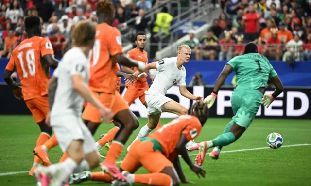 Norway's Erling Braut Haaland (second R) scores the winner during the 2026 FIFA World Cup round-of-32 match against Ivory Coast at the Dallas Stadium in Arlington, Texas on June 30, 2026.—AFP