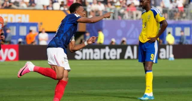 France's Kylian Mbappe celebrates after scoring his side's opening goal during the World Cup round of 32 soccer match between France and Sweden in East Rutherford, N.J., near New York, Tuesday, June 30, 2026. (AP Photo/Seth Wenig)